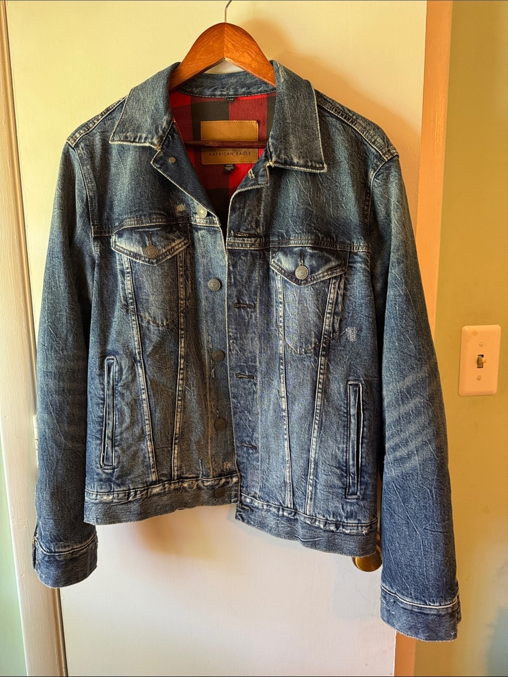 American Eagle Outfitters Distressed Blue Denim Jacket with Red Plaid Lining